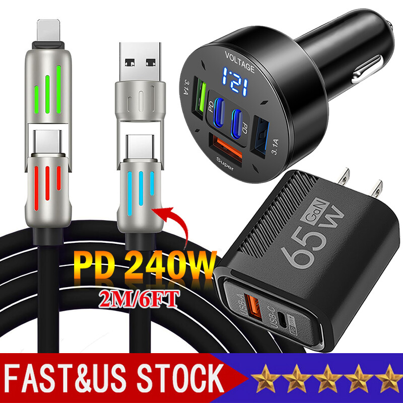 4 in 1 USB C Cable 240w Fast Charging & Data Sync Multi Silicone RGB Charge Cord