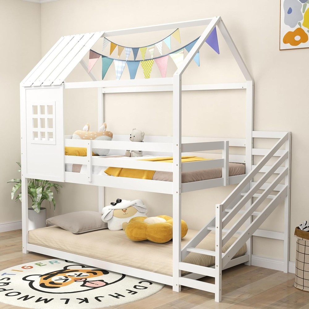 Twin Over Twin Wooden House Bunk Bed with Stairs, Roof & Window Floor Bed