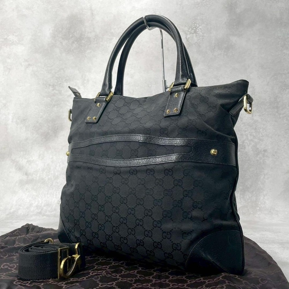 Gucci GG Canvas and Leather Black A4 Tote Bag 2-Way Carry New