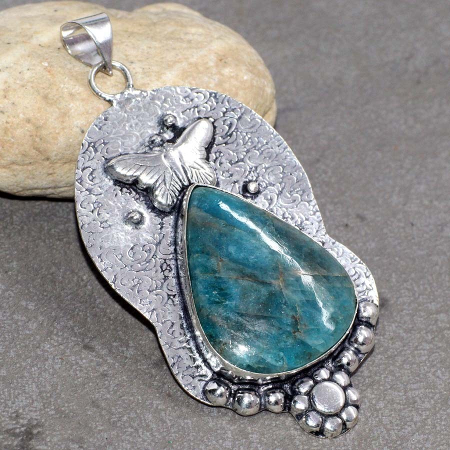 Butterfly Blue Apatite 925 Silver Plated Pendant Necklace 3.2 Inch Promise Gift Jewelry