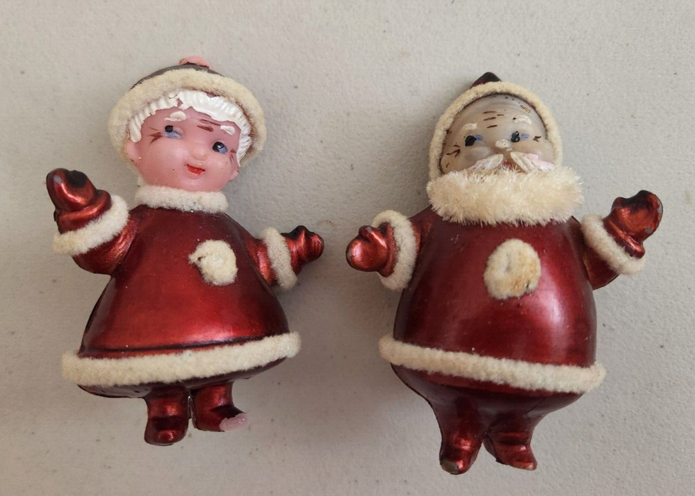 Vintage Santa & Mrs. Claus Plastic Christmas Ornaments MCM