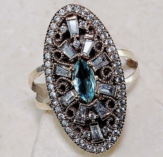 2CT Aquamarine Ottoman Empire Style Sterling Silver Ring Size 8.5