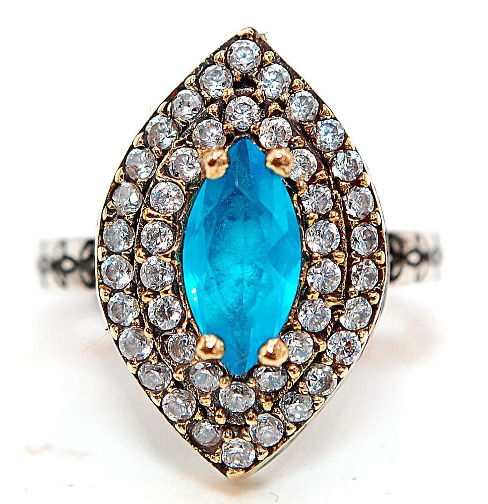 Ottoman Empire Inspired 2CT Aquamarine Topaz Sterling Silver Ring Size 5.5 Adjustable H3-7