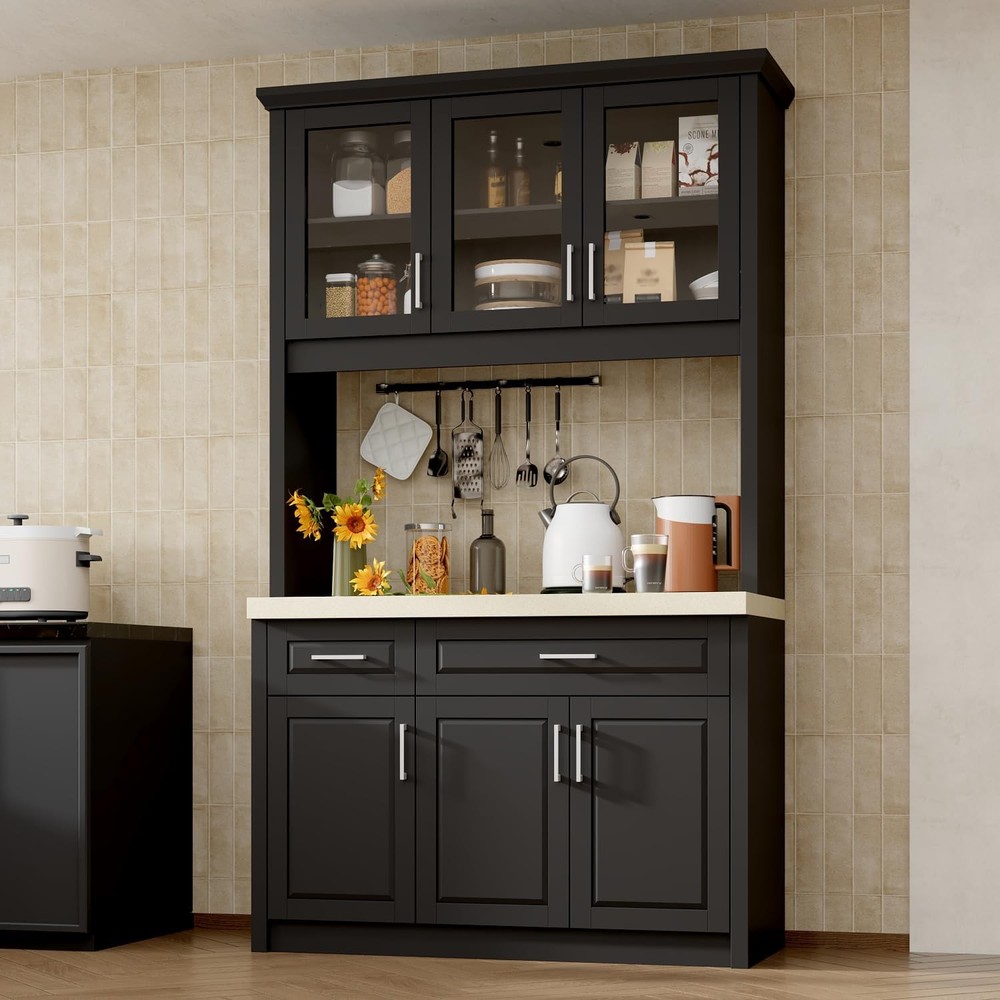 82.7 Inch Modern Kitchen Pantry with Imitate Stone Top & Carved Cabinet Doors