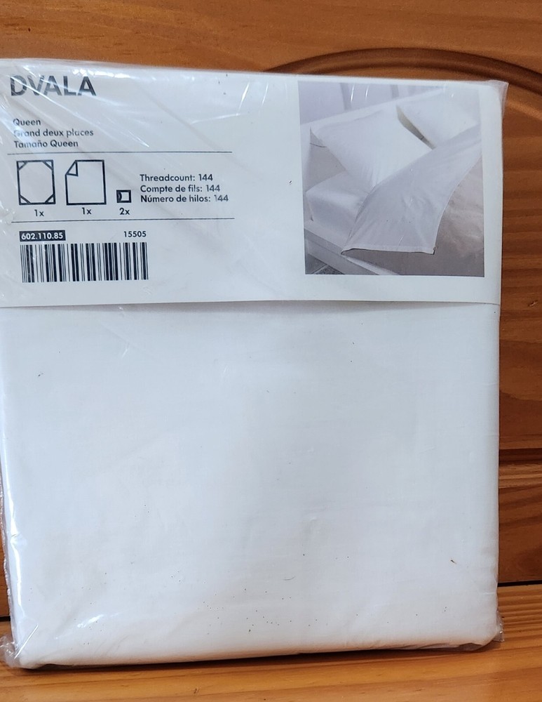 Ikea Dvala Queen Sheet set 1 Flat, 1 fitted & 2 Pillowcases. NEW sealed White.