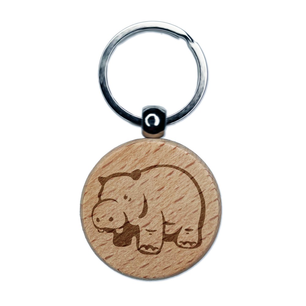 Round Standing Hippopatomus Engraved Wood Round Keychain Tag Charm