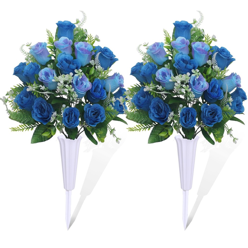 Set of 2 Artificial Cemetery Flowers, Grave Memorial Flowers with Vase, Outdo...