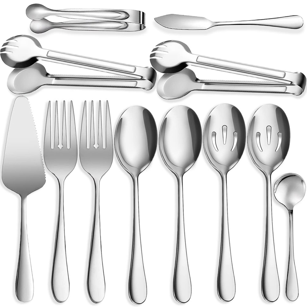 12 PCS Stainless Steel Serving Utensils, Large Spoons Slotted Spoons Forks To...