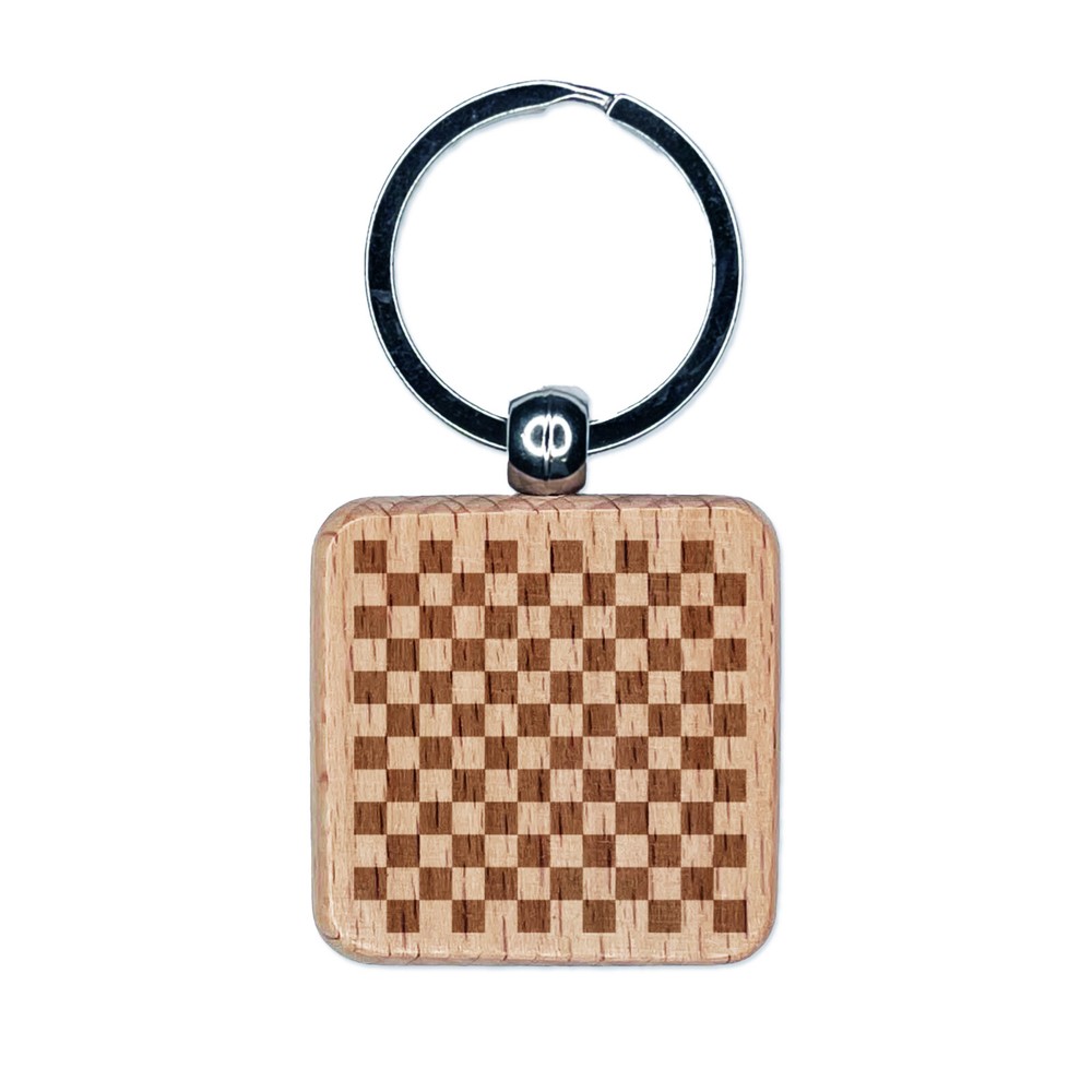 Checkerboard Pattern Engraved Wood Square Keychain Tag Charm