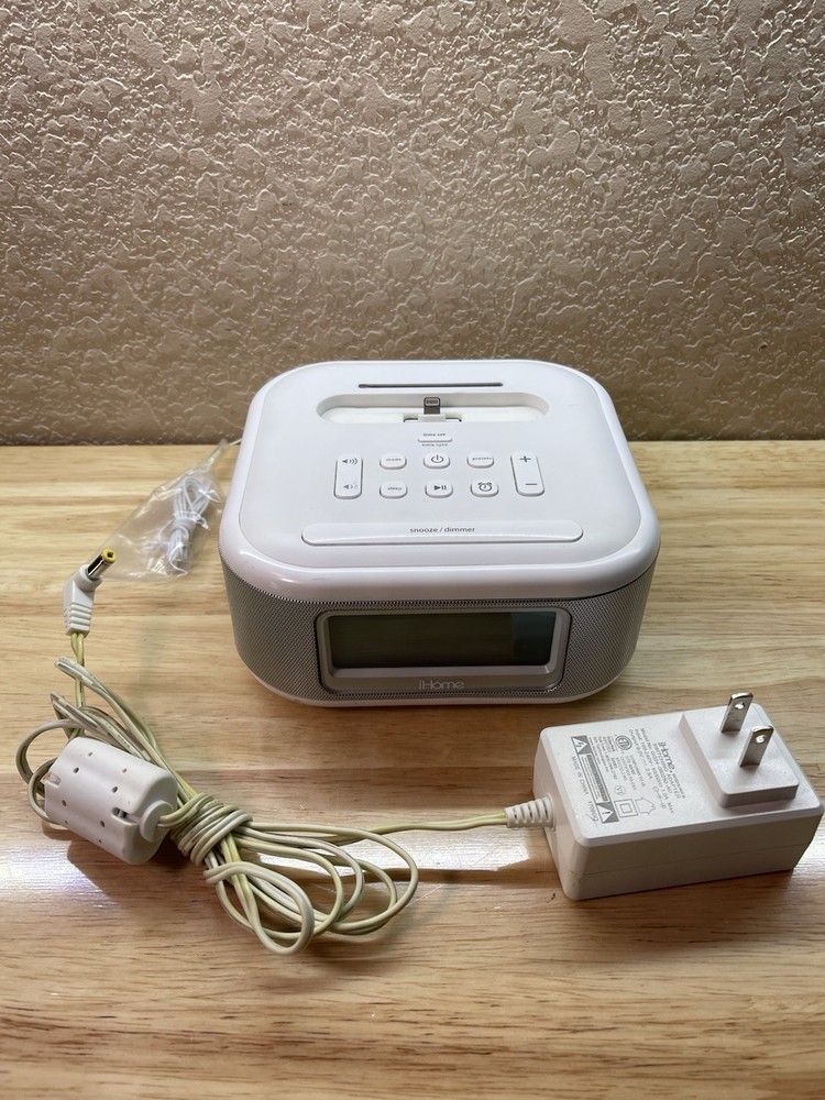 iHome iPL23 White FM Alarm Clock Radio with Lightning Dock Charger and Cord