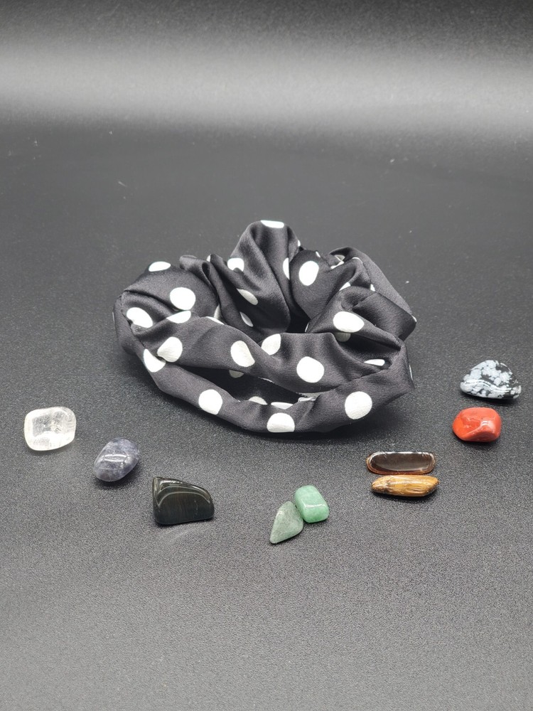 Crystal Chakra Polka Dot Satin Scrunchie with Zipper Pocket & 7 Healing Stones