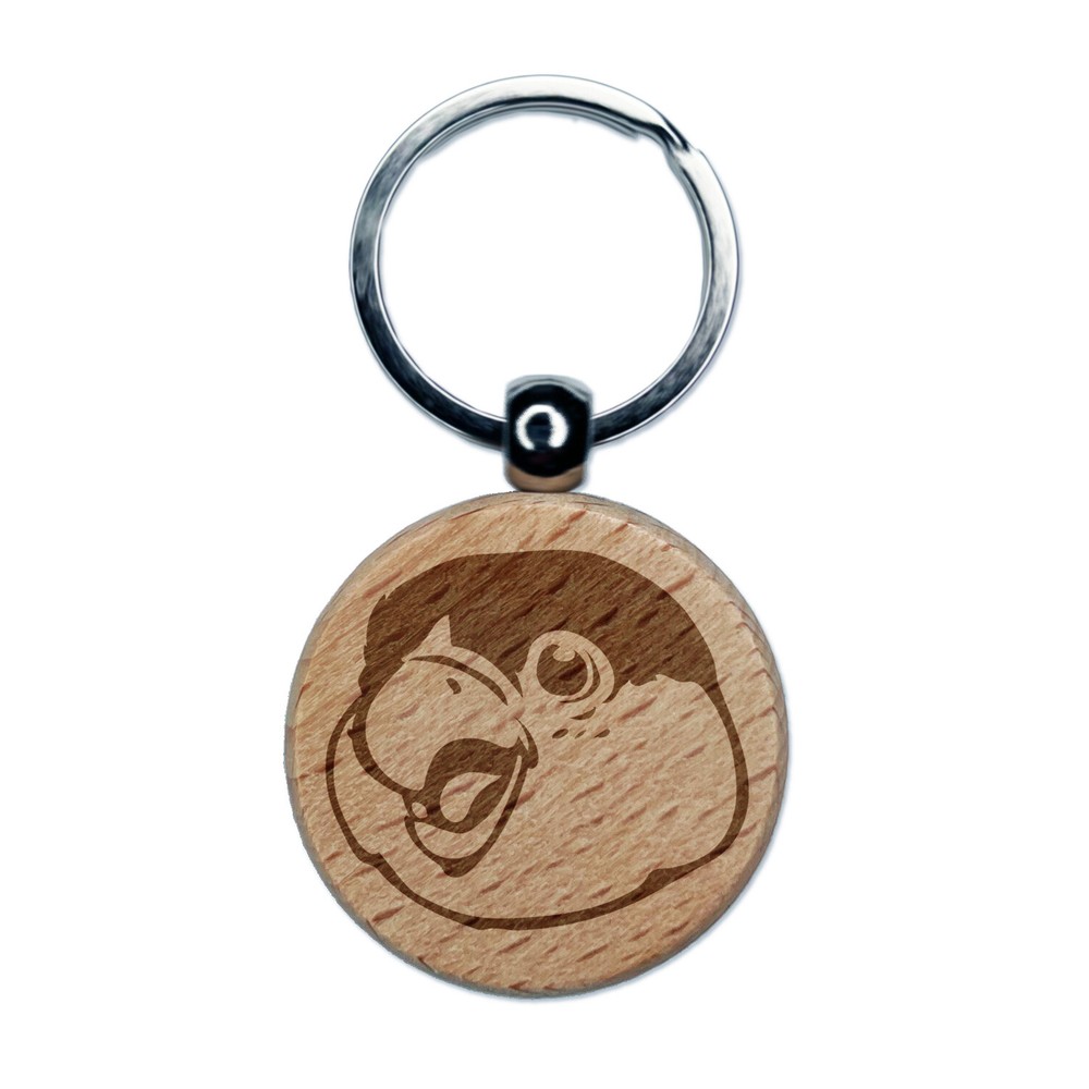 Happy Smiling Parrot Bird Engraved Wood Round Keychain Tag Charm