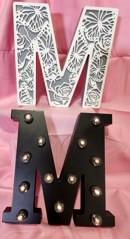 Wooden Letter M's, Set of 2, 1 Illuminated & 1 Laser Cut, 1 Black,1 White & Gray