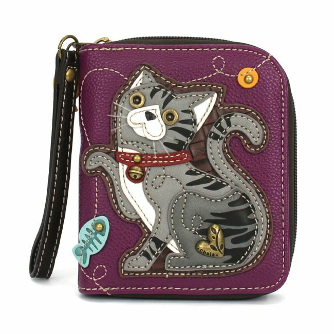 NEW CHALA GREY TABBY CAT KITTEN ZIPPERED BIFOLD WALLET FAUX LEATHER PURPLE