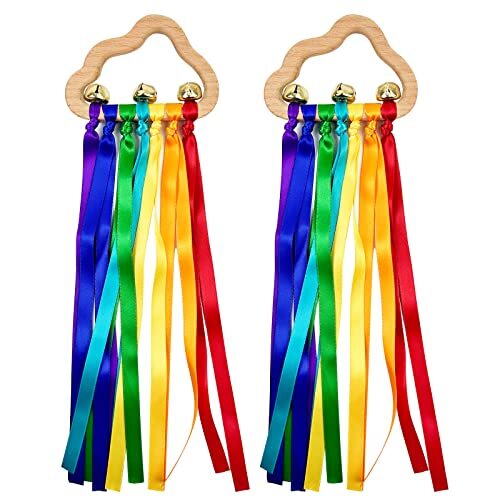 2pcs Baby Natural Wood Bracelet with Bell Rainbow Ribbon Sensory Toy- The Bes...