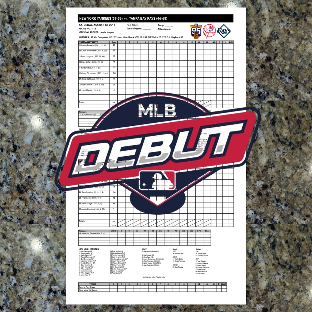 Aaron Judge MLB Debut Game Used Lineup Card Scorecard - 8/13/16 Yankees