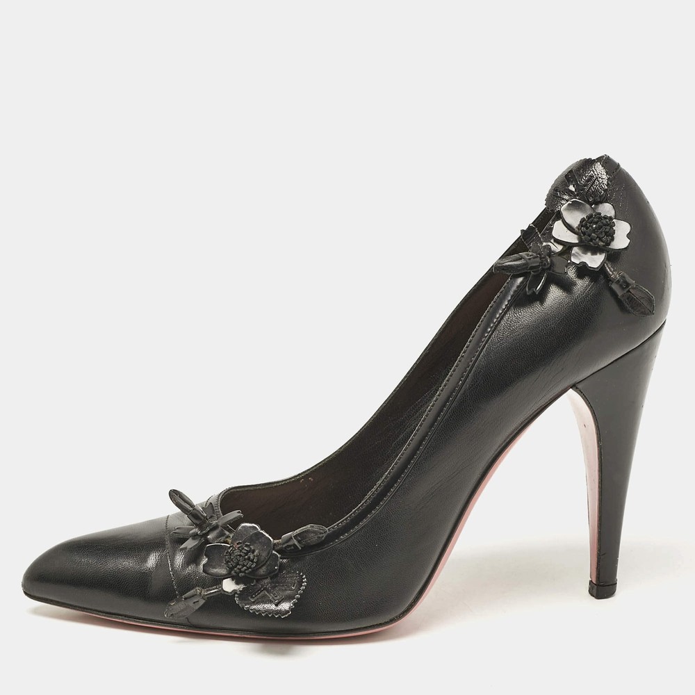 Prada Black Leather Flower Pointed Toe Pumps Size 385