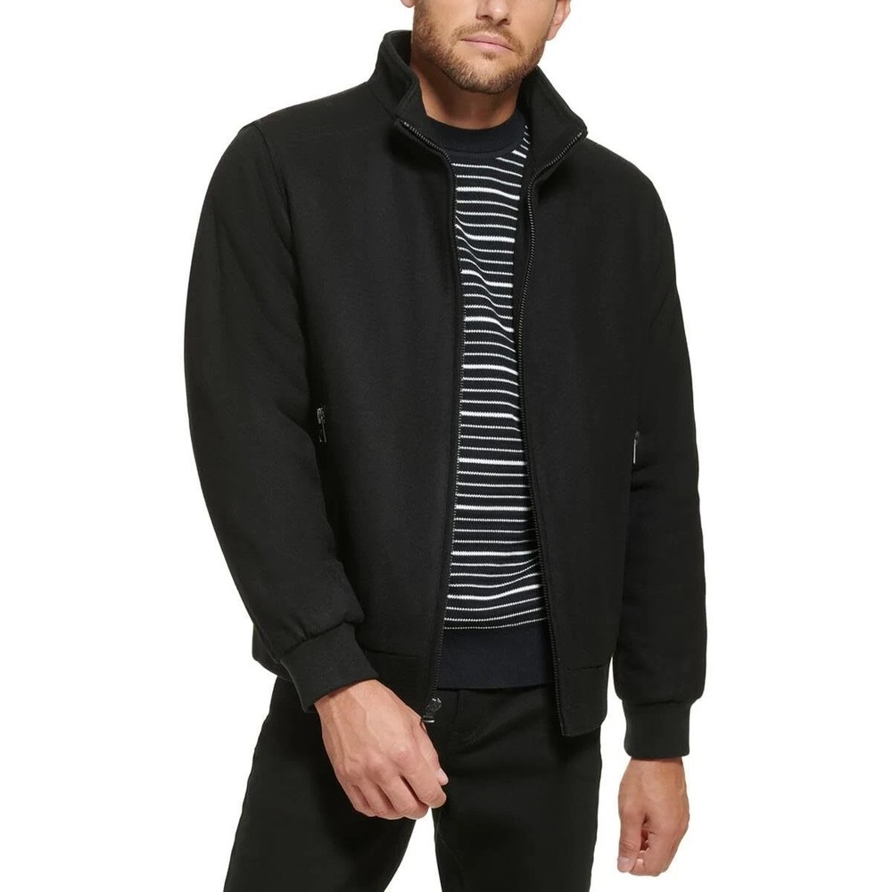 Calvin Klein Men's Wool Bomber Jacket With Knit Trim, Black,  S
