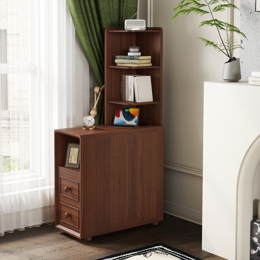 Side table with drawers and open shelves, on high legs