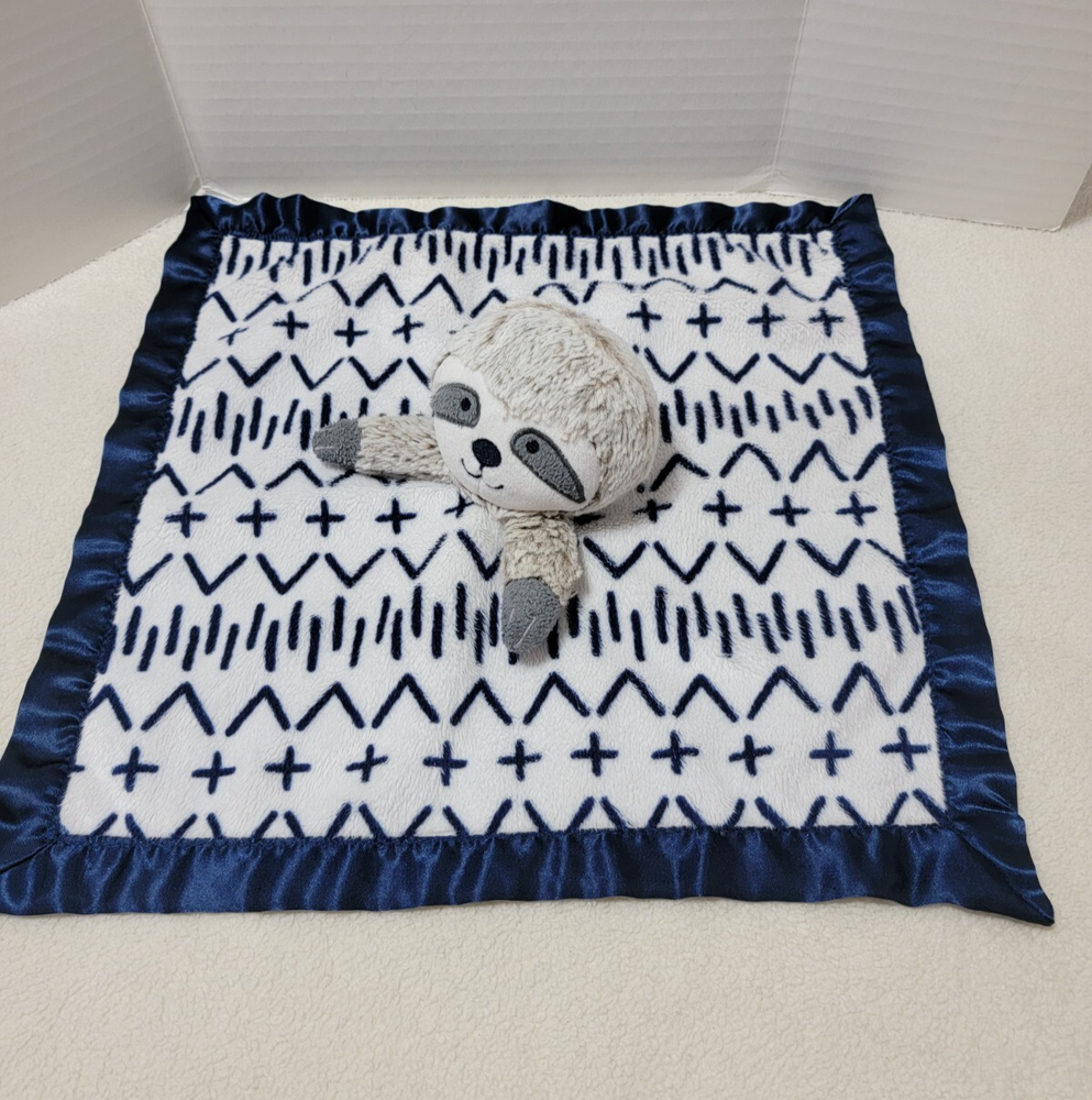 Gray Sloth Lovey Baby Blanket with Navy Blue White Satin Trim  