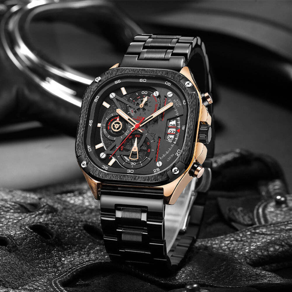 Men's Luminous Sports Square Watch with Calendar and Steel Strap