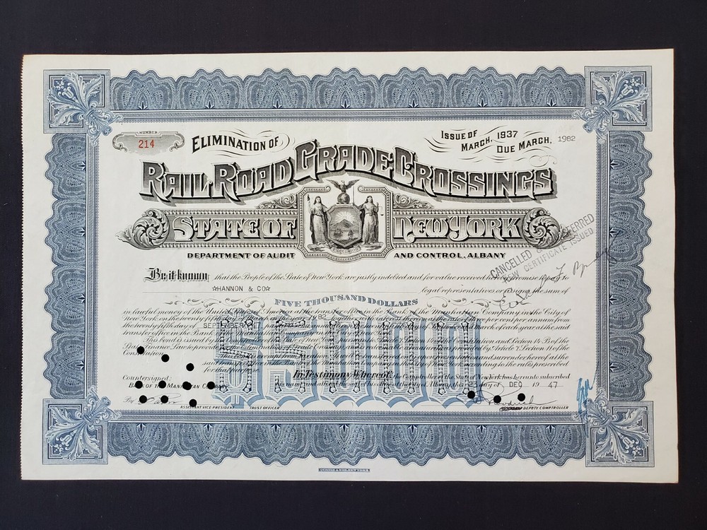 Rare 1947 NY Railroad Grade Crossings $5000 Stock Certificate USA