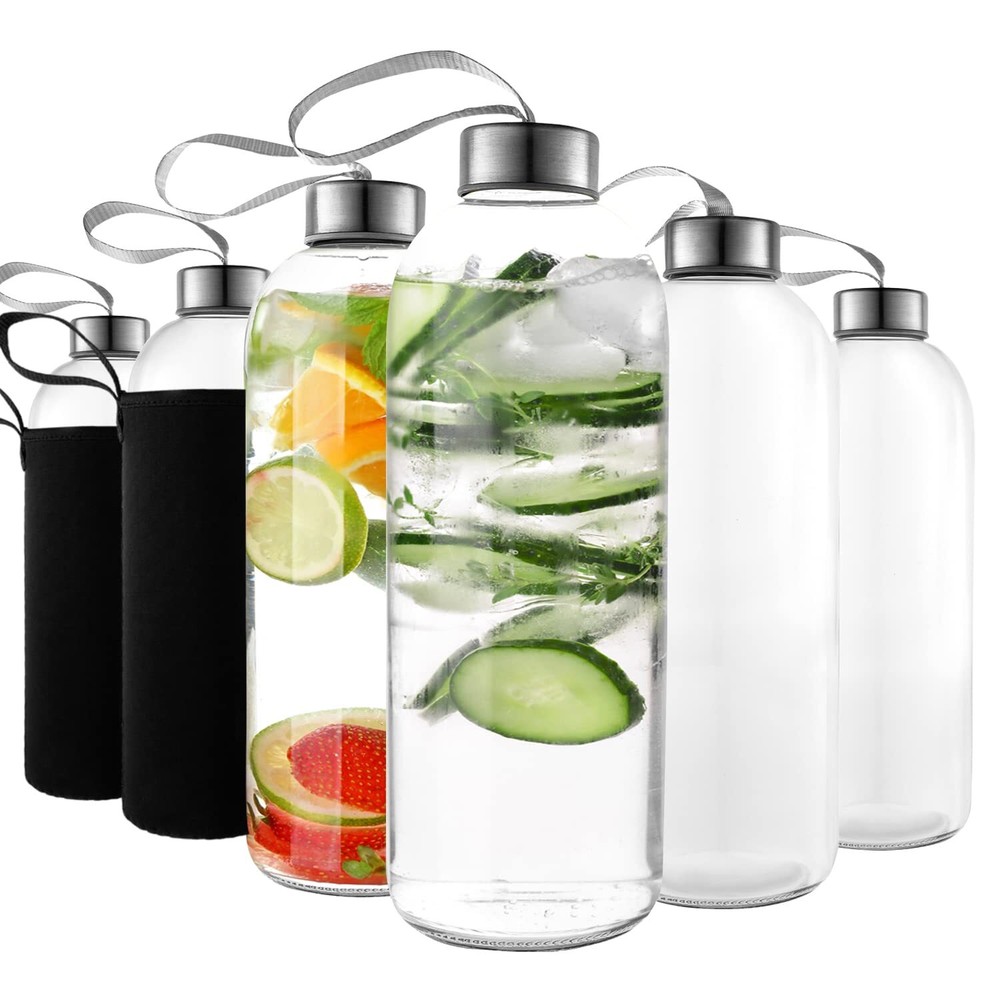 Kitchen Lux 32 oz Glass Water Bottle Set of 12 - Glass Water Bottles Caps & S...