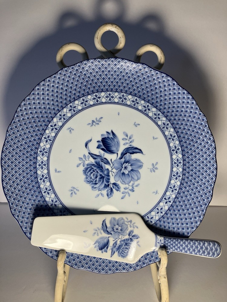 Sadek Andrea Blue Rose Porcelain Cake Plate Serving Set
