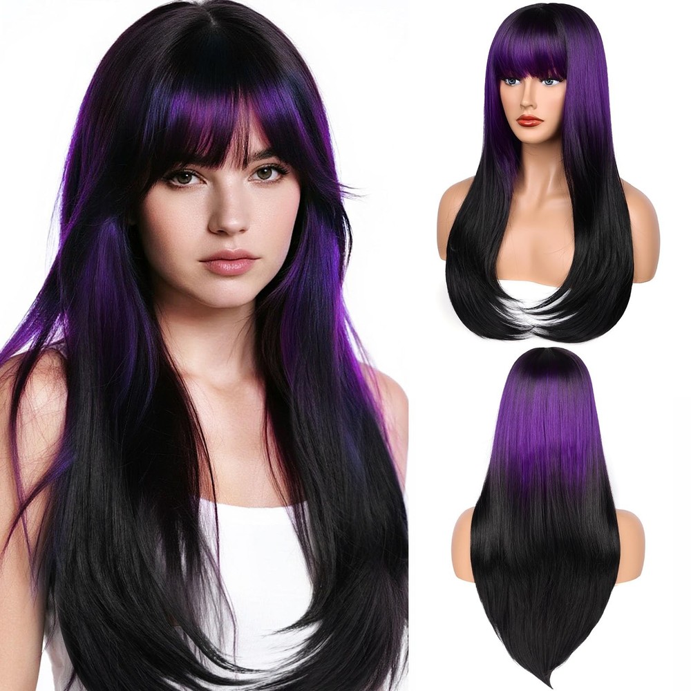 Ombre Black Purple Synthetic layered Wig with Bangs for Women Wear and Go glu...