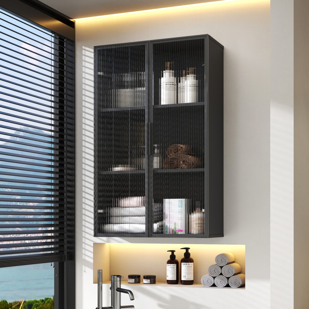 Wall mounted bathroom kitchen storage cabinet with glass door