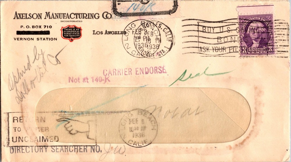 1936 Los Angeles to Long Beach Official Seal Cover CA USA Postal History