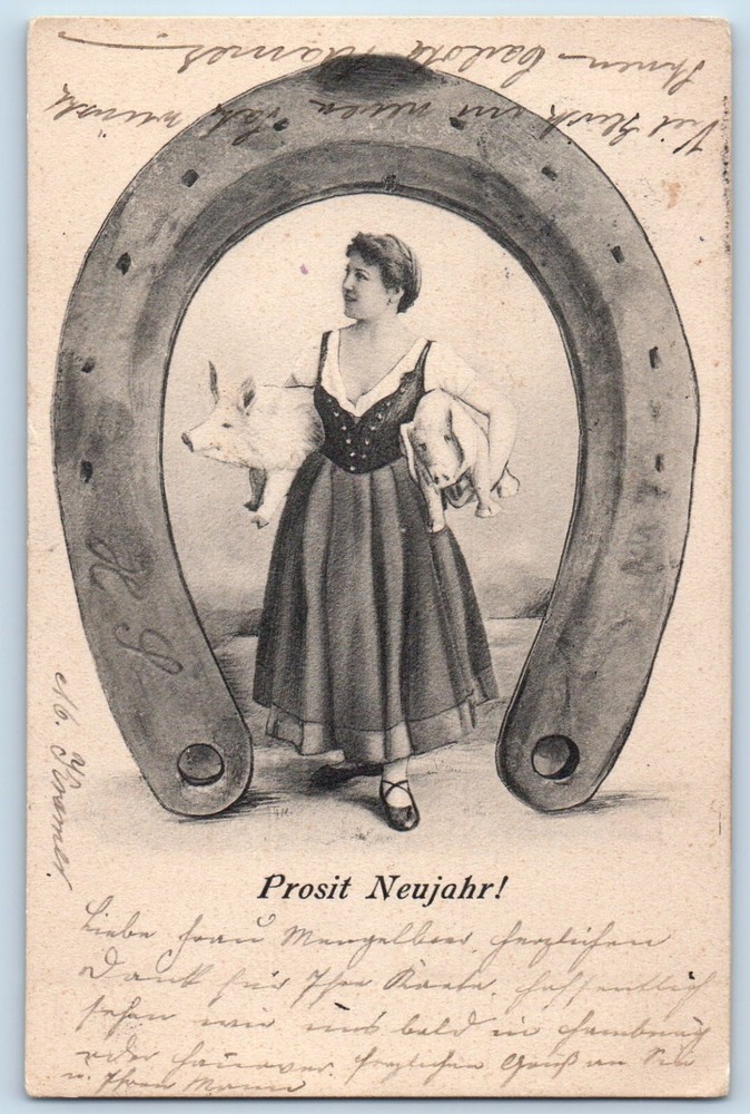 New Year Postcard Woman With Piglets Under Big Horseshoe c1905 Posted Antique-image