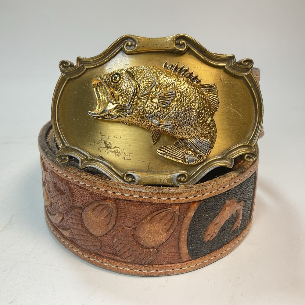 Vintage 1978 Raintree Bass Fish Buckle USA Leather Belt Brass Bronze Men’s