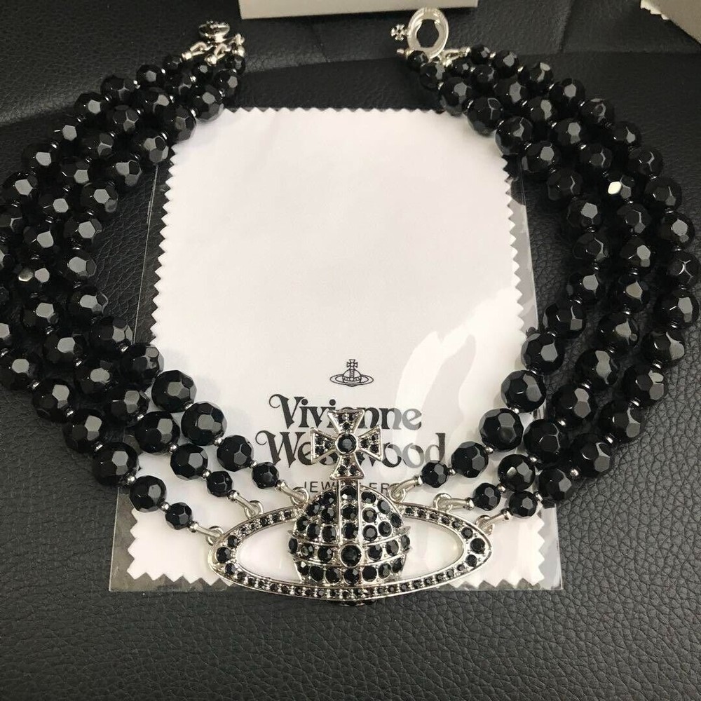 Vivienne Westwood triple row Black Silver Tone Orb Choker C036