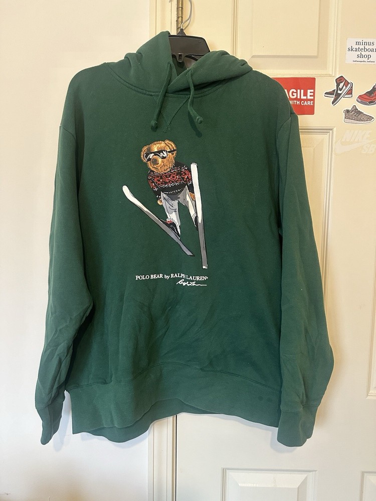 Polo Ralph Lauren Mens Sweatshirt Green Hoodie Bear Skiing XL Vintage Y2K