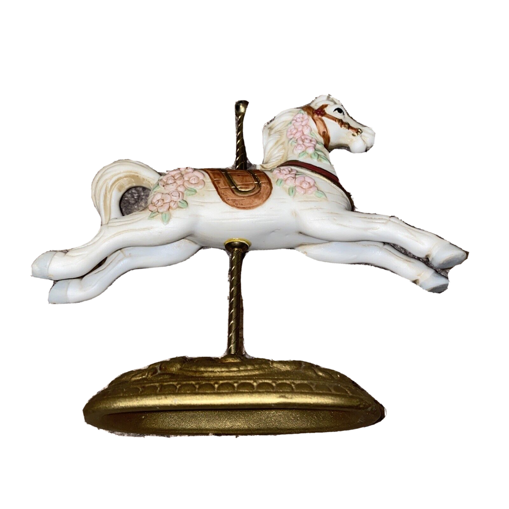 Vintage Homco Carousel Porcelain Horse Pink Roses on Brass Color Stand 1438 SEE