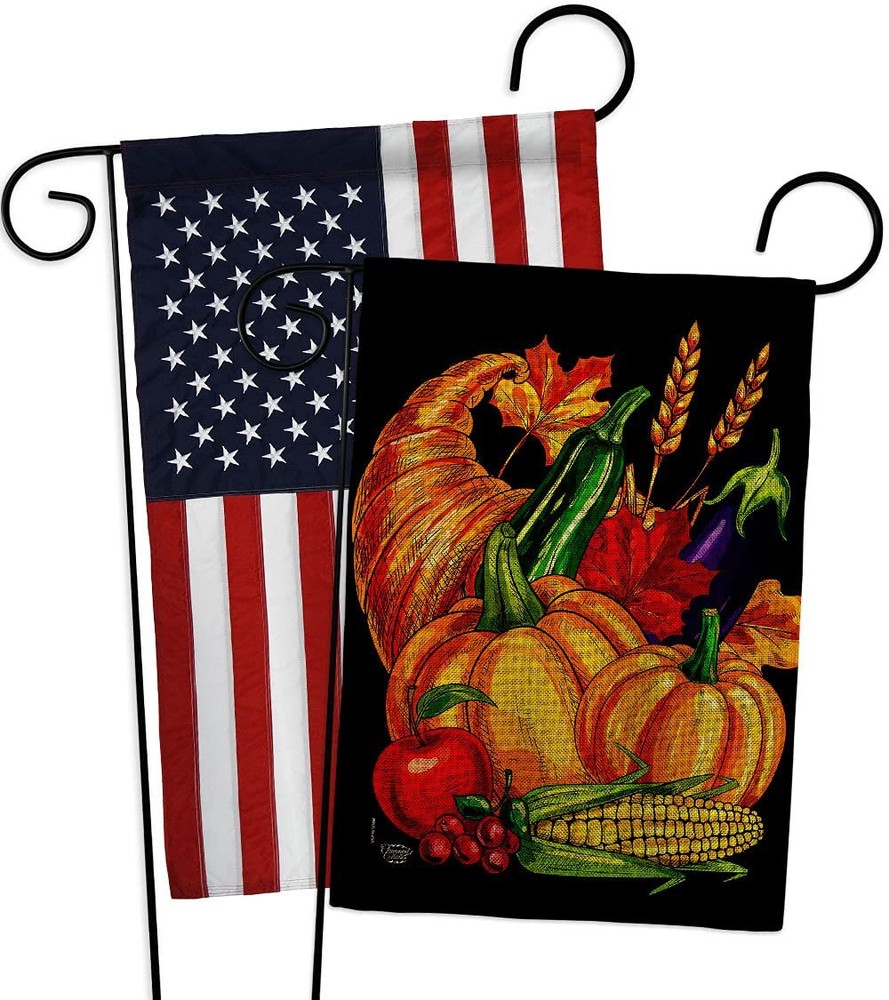 Grateful Cornucopia Burlap Garden Flag Pack Fall Thanksgiving Turkey Give Tha...