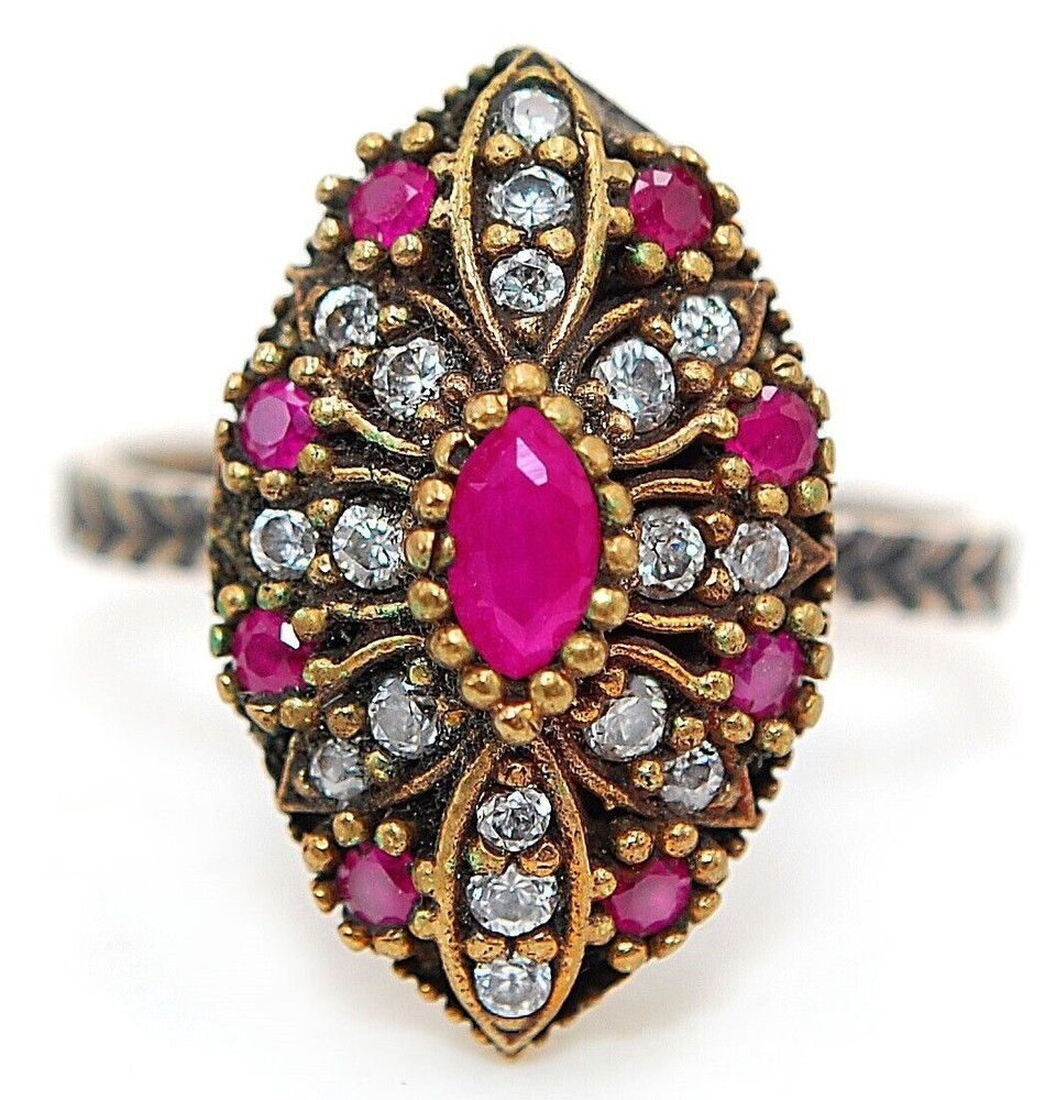 Vintage Ottoman Empire Inspired 1CT Ruby Sterling Silver Ring Size 8.5