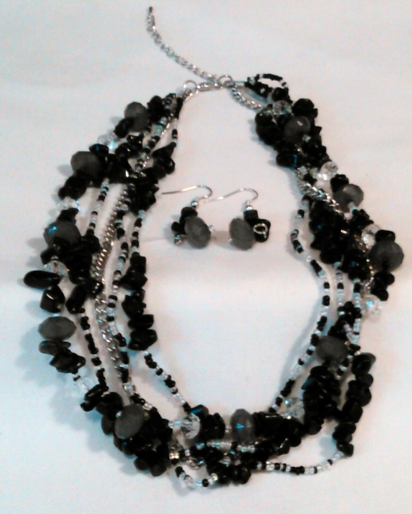 Women's Choker Necklace Earrings Set Black Grey Beads Multistrands 16 Inches
