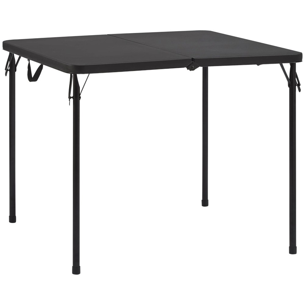 34-Inch Square Black Resin Folding Table with Half-Fold Design