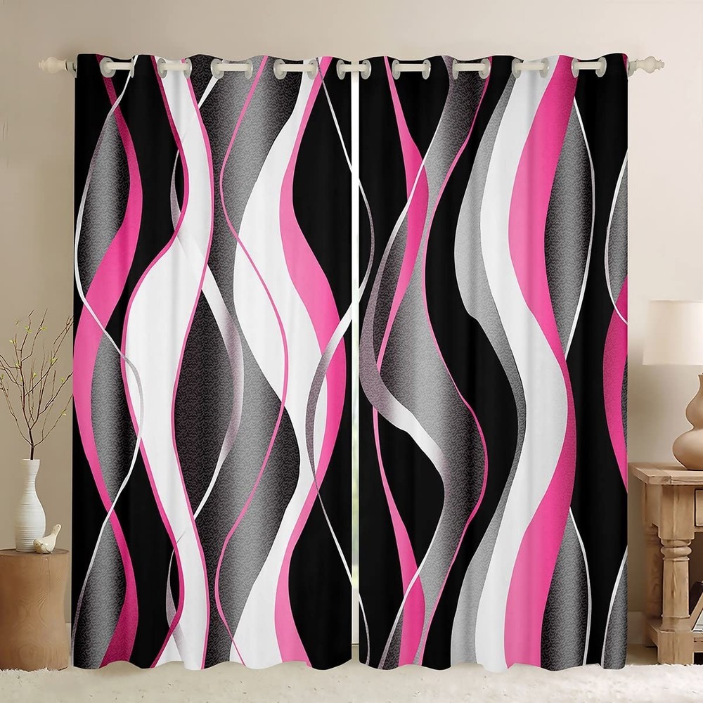 Pink Grey Black Retro Geometric Stripe Window Curtains 30-50% Blackout
