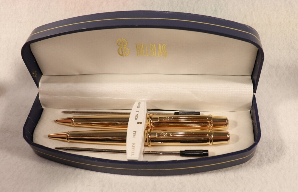 BILL BLASS GOLD TONE BALLPOINTPEN AND PENCIL SET WITH REFILLS NEW INORIGINAL BOX