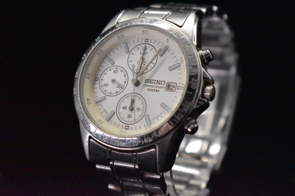 SEIKO 7T92-0DW0 Chronograph Quartz White Dial Men's Watch 100m Water Resistant N MINT W123