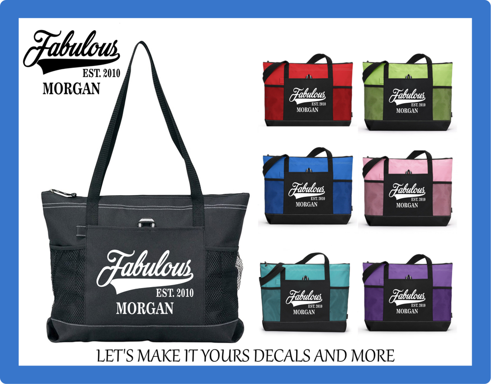 FABULOUS SINCE BIRTH YEAR PERSONALIZED NAME TOTE PURSE TRAVEL GYM BAG ZIPS GIFT