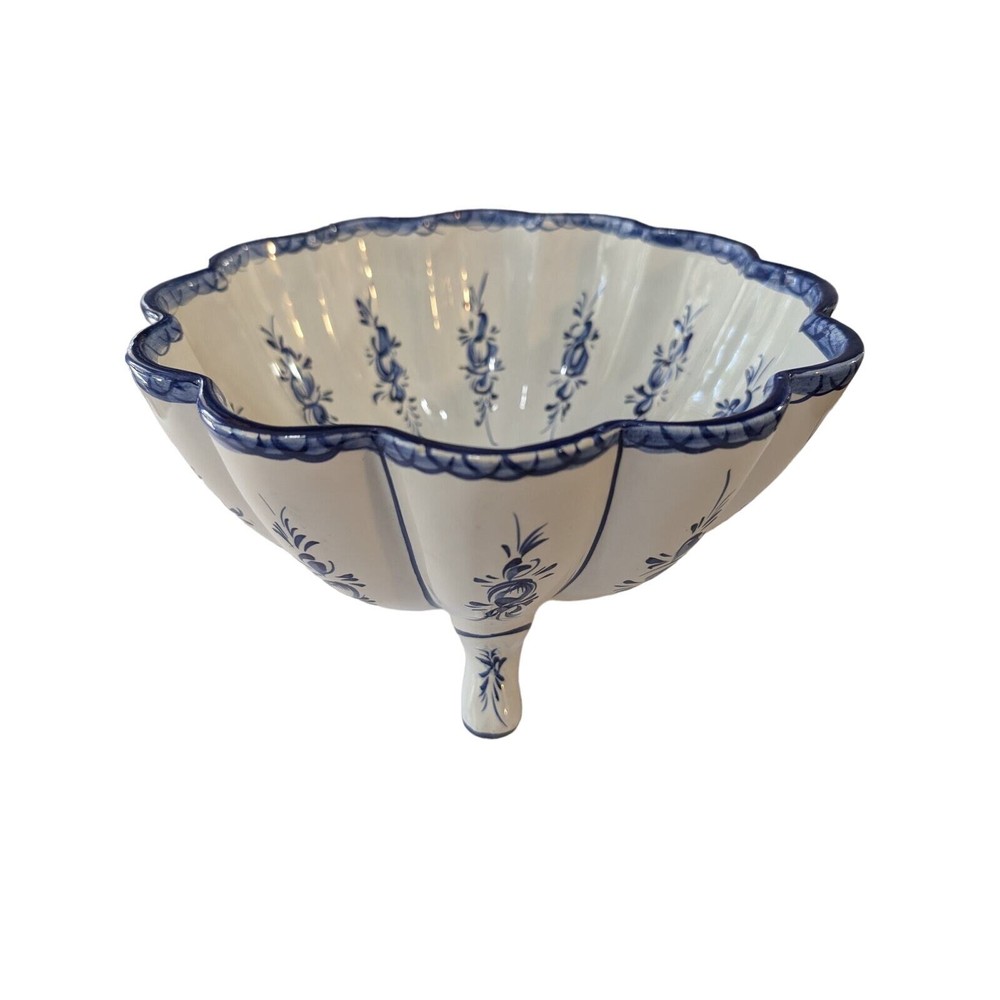 Vintage Hand Painted Blue & White Portugal Reel 842 Footed Bowl Decor Piece