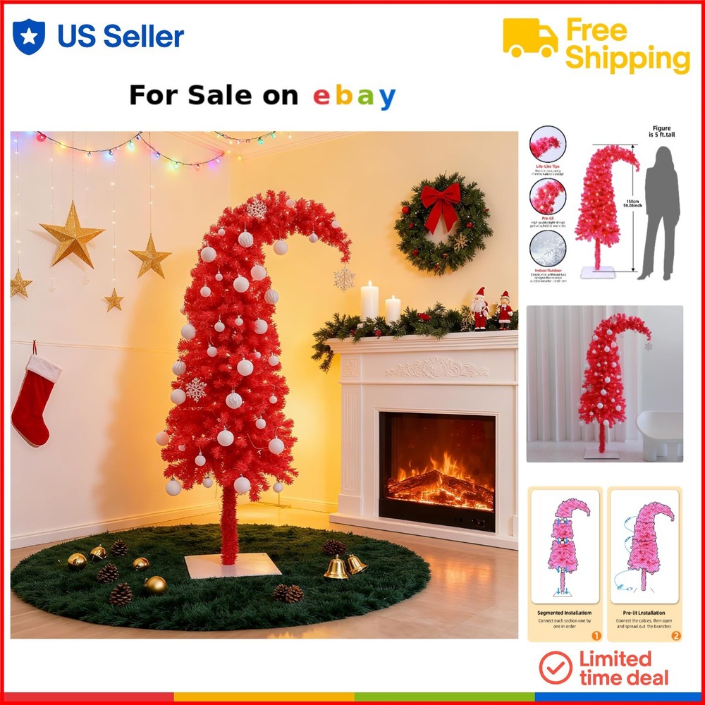 Pink Tinsel Christmas Tree 5ft Prelit Dual-Color LED Lights Indoor Decor