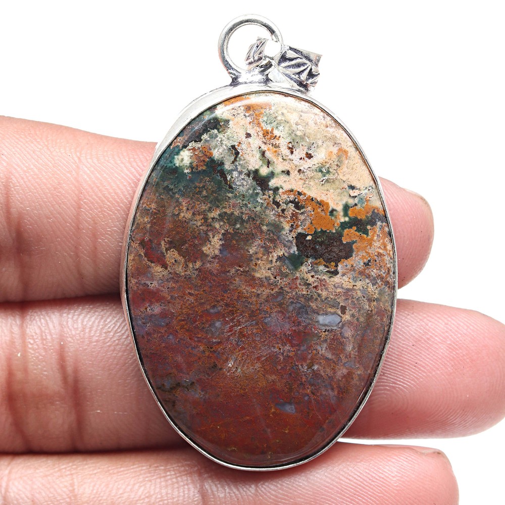 Ocean Jasper Gemstone Silver Pendant Ethnic Valentine Jewelry 2 Inch
