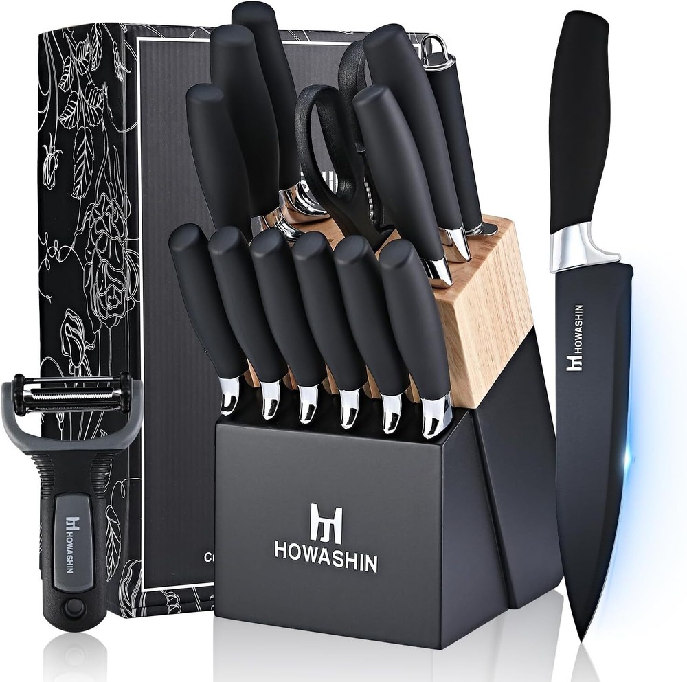15-Piece High Carbon Stainless Steel Black Knife Set with Block for Kitchen