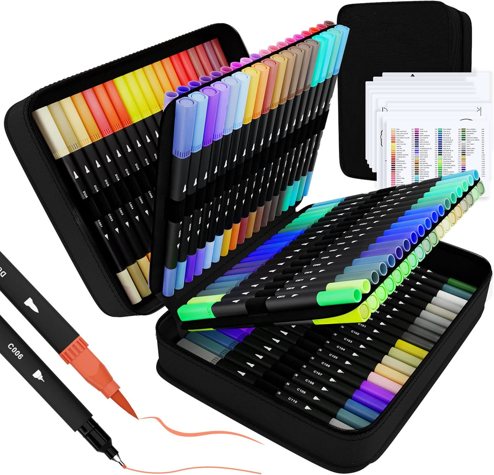 Art Supplier Dual Brush Markers Pens, 110 Artist Coloring Marker Set, Fineliner
