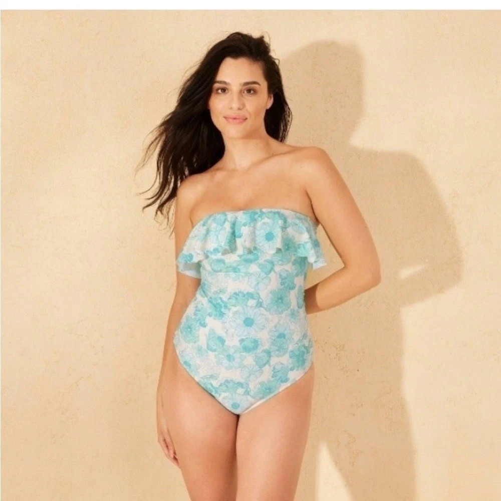 Women's Floral Print Ruffle Bandeau Cheeky One Piece Swimsuit - Shade & Shore XL
